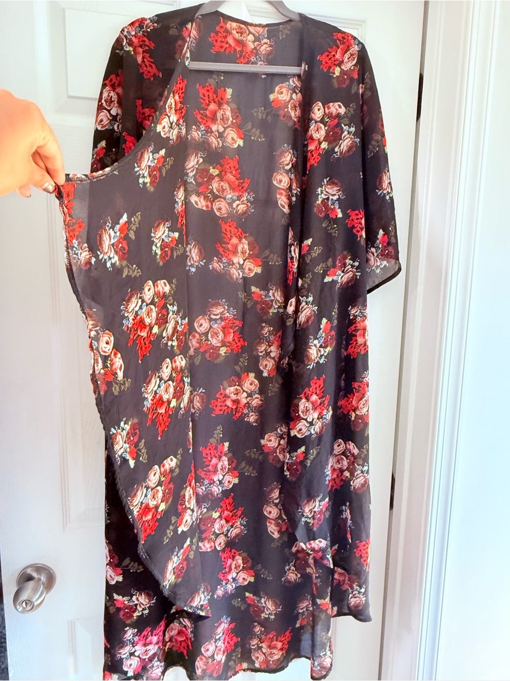 Floral Sheer Kimono Cover-Up in Black and Red